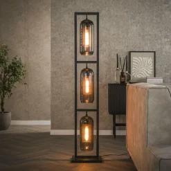 WoonStijl Vloerlamp 3L tower smoke glas-geperforeerd staal