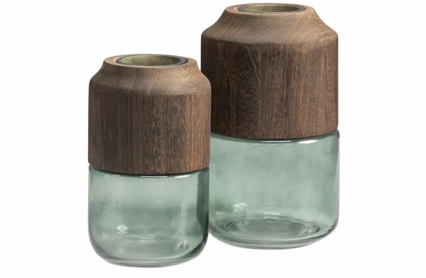 Woood Celeste Vaas Glas/hout Blauw/groen 28x16cm