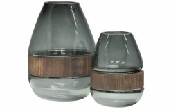 Woood Dave Vaas Glas/hout Blauw/groen 26x19cm