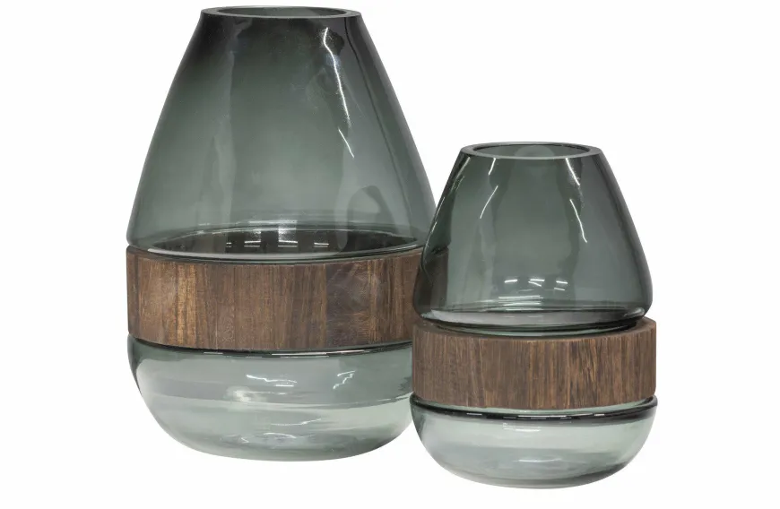 Woood Dave Vaas Glas/hout Blauw/groen 26x19cm