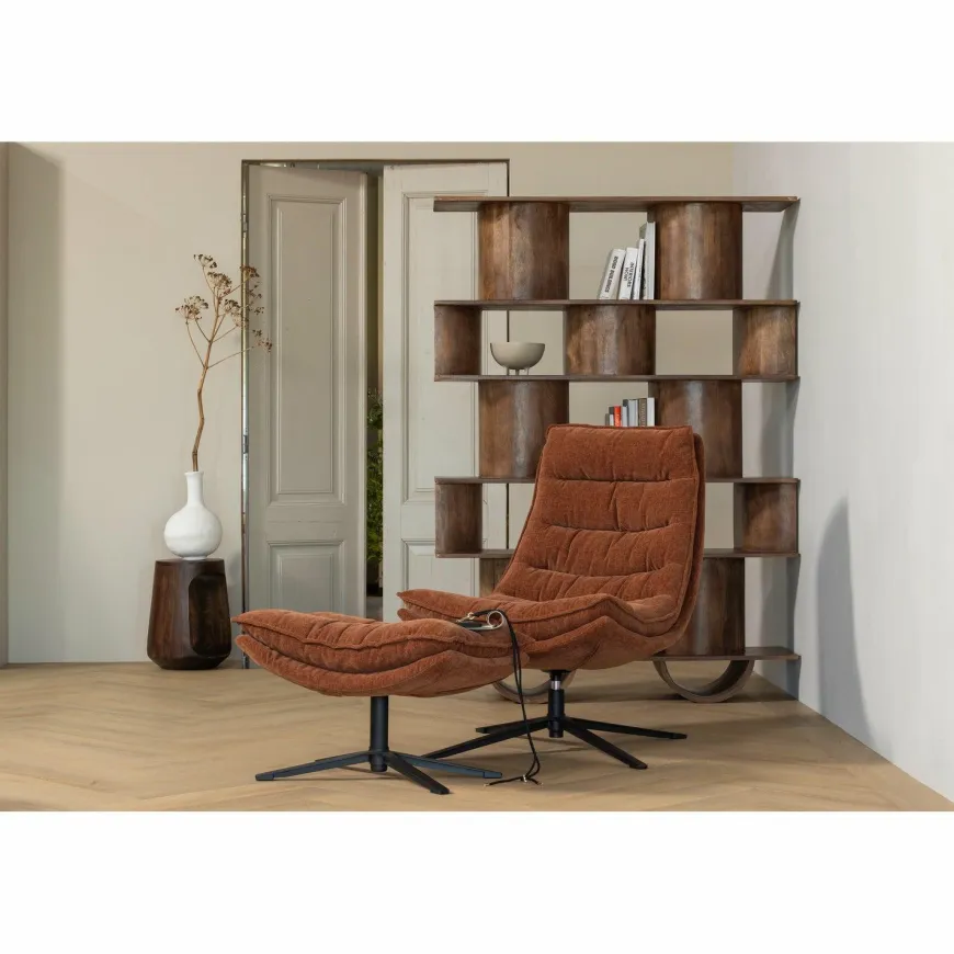 Woood Draaifauteuil Kube met hocker bruin