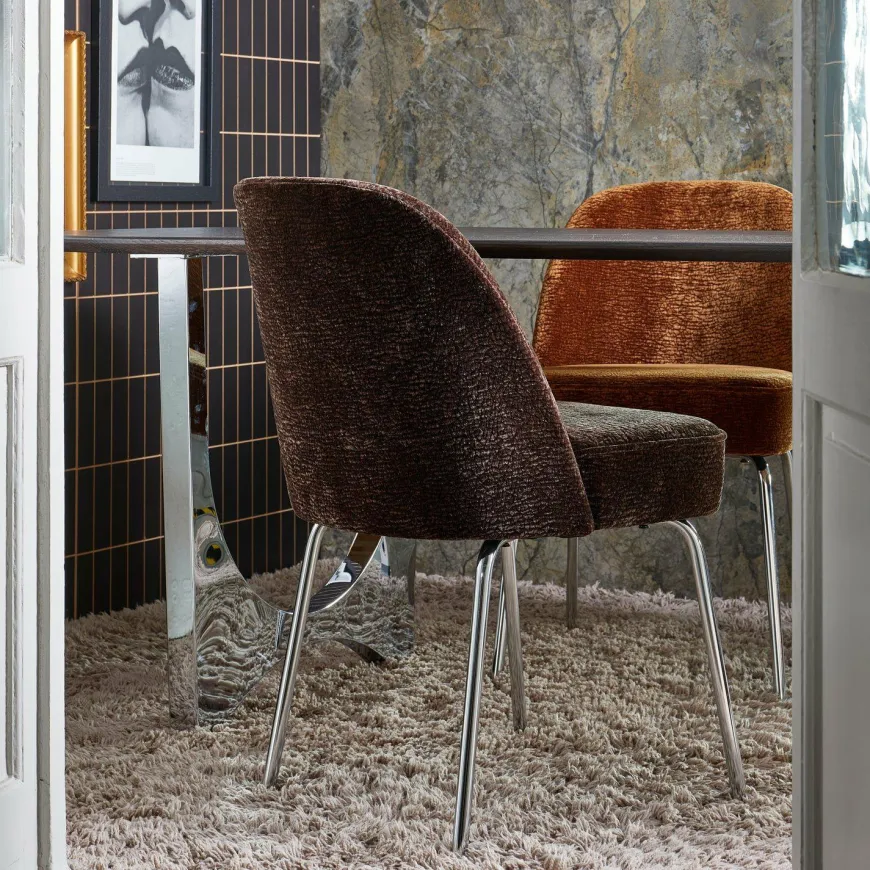 Woood Vogue eetkamerstoel 3d chenille donkerbruin chrome poot